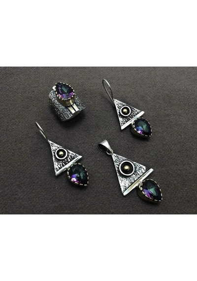 Mistik Topaz Taşlı Otantik Kadın Gümüş Üçlü Set