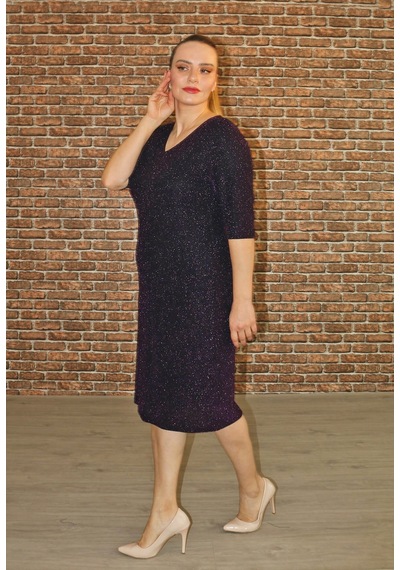 Nidya Moda Büyük Beden Kadın Mürdüm Simli Abiye Elbise-4009RM Mürdüm