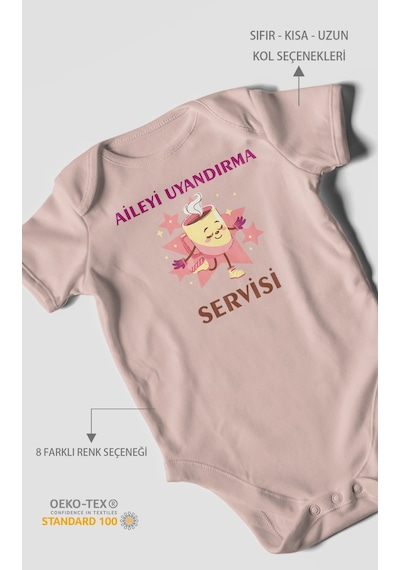 Aileyi Uyandırma Servisi Baskılı Bebek Zıbını Çıtçıtlı Body %100 Pamuk Kısa Kol Pastel Pembe
