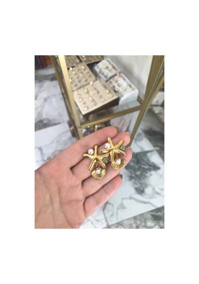 Deniz Yıldızı Ve Midye Model Küpe Altın