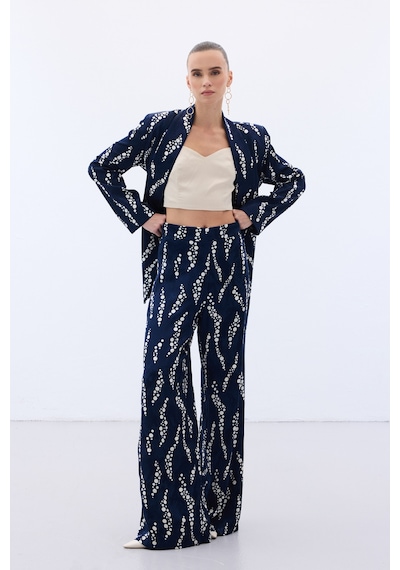 Sateen Desenli Bol Paça Pantolon - Lacivert-136493 Lacivert