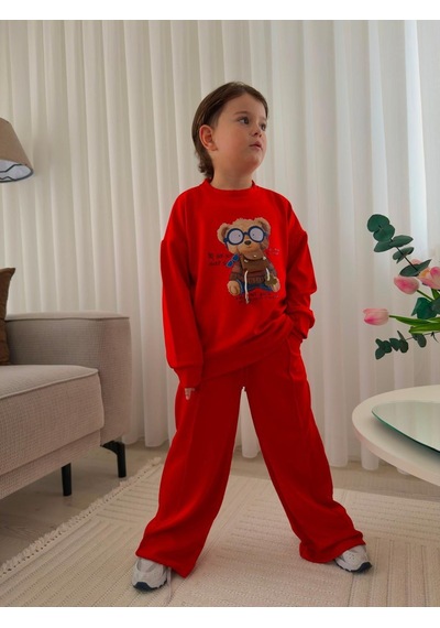 Mila Mood Erkek Çocuk Ayıcık Baskılı Eşofman Takımı Kırmızı Sweatshirt Bol Paça Pantolon