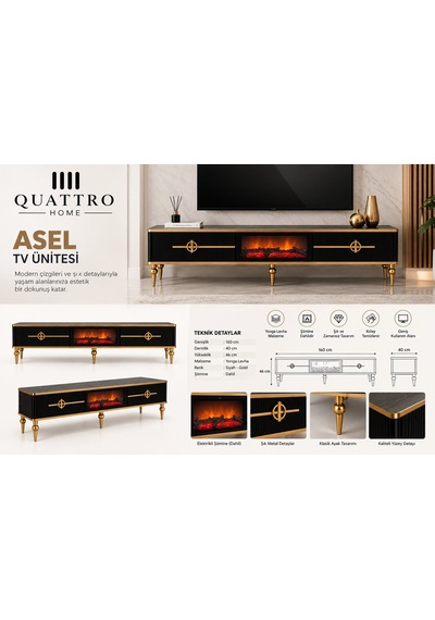 Asel Şömineli Tv Ünitesi Siyah Gold Detaylı Modern Tasarım 160 Cm