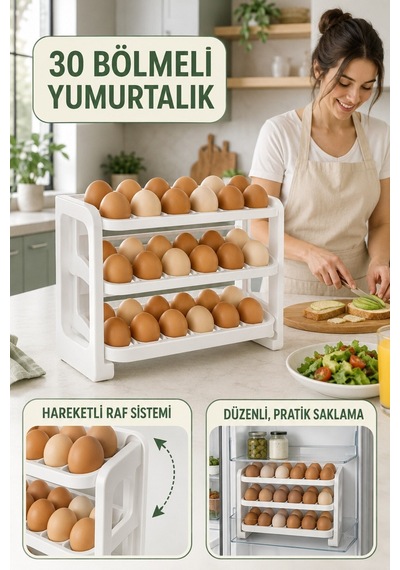 Fıre Kıng Panda 30 Bölmeli Yumurta Kutusu 3 Katlı Yumurtalık Buzdolabı Organizeri Saklama Kabı G-771 Beyaz