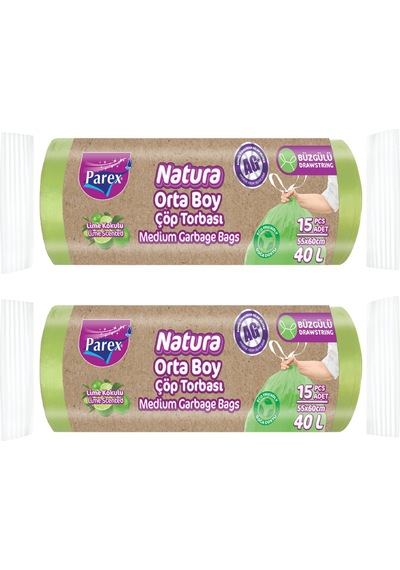 Natura Büzgülü Çöp Torbası 15'li Orta Boy 55 X 60 Cm İkili Paket