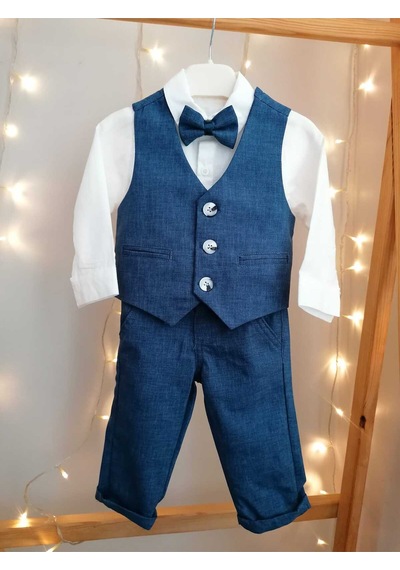 Concept Kids Papyonlu Yelekli Bej 4'lü Klasik Erkek Bebek Takım Özel Gün Kıyafeti Düğün Bebek Hediyesi Lacivert