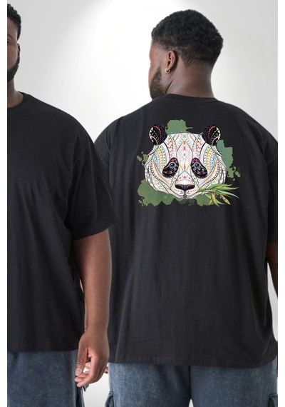 Angemiel Panda Mandala Büyük Beden Siyah Tişört Kadın Erkek Ünisex Sırt Baskılı Siyah
