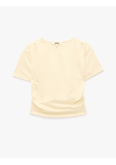 Koton Drape Detaylı Slim Fit Bisiklet Yaka Kısa Kollu Crop Tişört Ekru 6sak50066pk