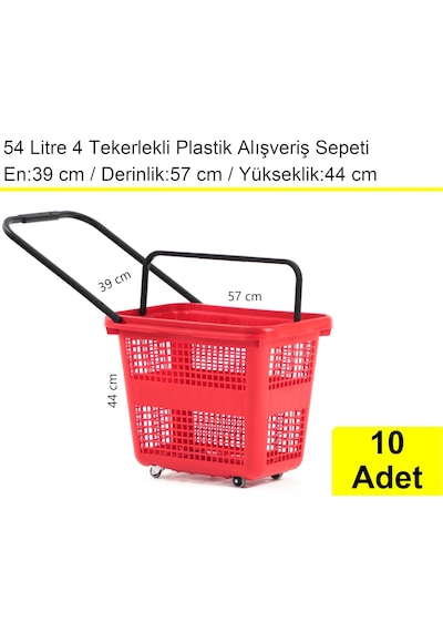 4 Tekerlek Plastik Alışveriş El Sepeti 54 Litre Kırmızı 10 Adet / En:42 Boy:54 Yükseklik:44 Cm