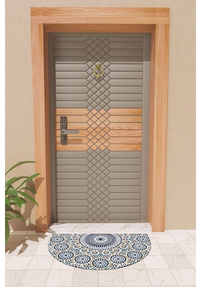 Rugmood Modern Dijital Paspas Mavi Yuvarlak Desenler Kapı Önü Paspası