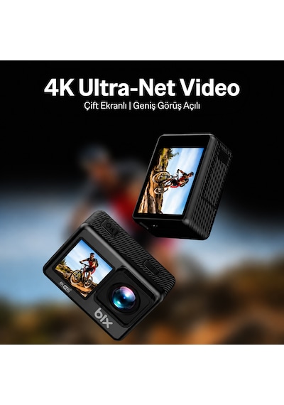 Bix Pulse 1 Wi-fi 4k 30fps Ultra Hd Aksiyon Kamerası Çift Ekranlı 30 Metre Su Geçirmez Kılıflı Vlog Bisiklet Motosiklet Kask Kamerası Siyah