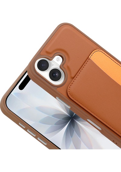 İphone 16 Uyumlu Kartlıklı Süni Deri X-kart Cüzdan Silikon Kapak Kahverengi