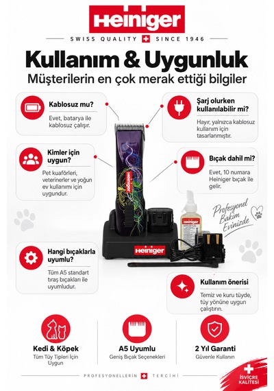 Heiniger Saphir Style Mor Kablosuz Kedi Köpek Tıraş Makinesi - Yedek Bataryalı