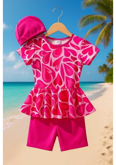 My Kids Wear Üç Parça Kız Çocuk Boneli Mayo Koyu Pembe