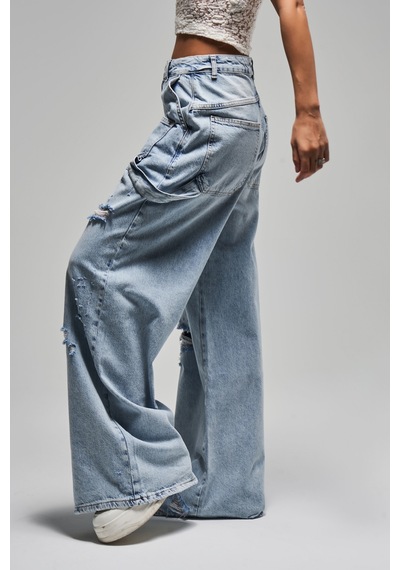 it's basic Kadın Kot Rengi 12s5-3 Mega Baggy Fit Süper Bol %100 Koton Orta Bel Denim Jean Mavi