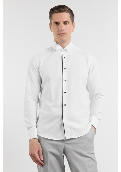 İmza Beyaz Ata Yaka Uzun Kol Cepsiz Slim Fit Pamuklu Gömlek 1004260415