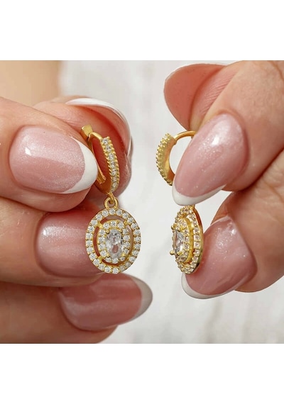 Gümüş Gold Oval Taşlı Sallantılı Küpe Çok Renkli