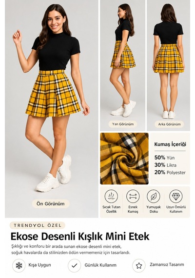 Meghan L.a Ekoseli Çan Kesim Beli Lastikli Mini Etek Ekose - Lacivert