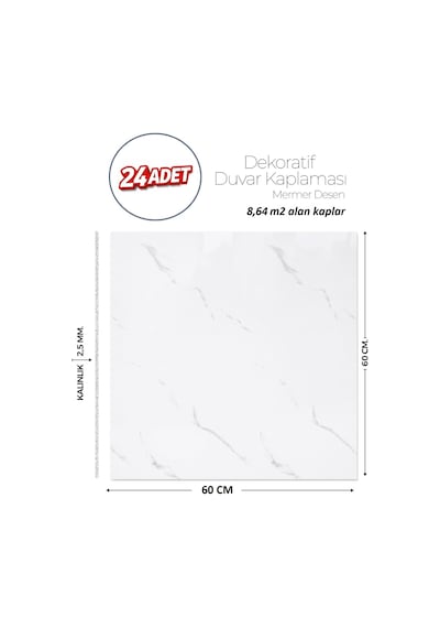 60x60 Cm Kendinden Yapışkanlı Duvar,banyo,tezgah Arası Beyaz Mermer-24 Adet Lls014-60-24