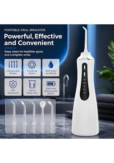 Şarjlı Ağız Duşu, 2 Kat Daha Etkili Temizlik, Çocuklar İçin Kullanım Modu, 5 Farklı Modlu, 5 Adet Başlıklı, 350 Ml Su Kapasiteli, Ipx7 Su Geçirmez, Diş Diş Arası Dil Temizliği İçin Kablosuz Ağız Duşu Şarjlı Ağız Duşu, 2 Kat Daha Etkili Temizlik, Çocuklar İçin Kullanım Modu, 5 Farklı Modlu, 5 Adet Başlıklı, 350 Ml Su Kapasiteli, Ipx7 Su Geçirmez, Diş Diş Arası Dil Temizliği İçin Kablosuz Ağız Duşu