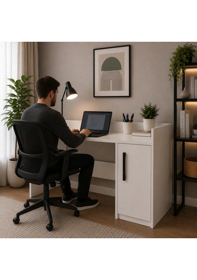 Dolaplı Modern Çalışma Masası Beyaz