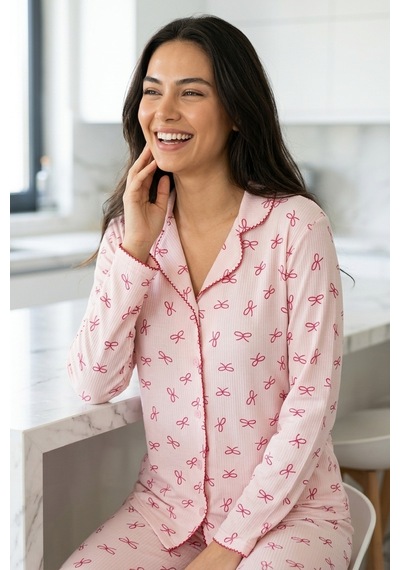 Mataş Kadın Pembe Çiçek Desenli Bambu Viskon Uzun Kollu Soft Örme Pijama Takımı