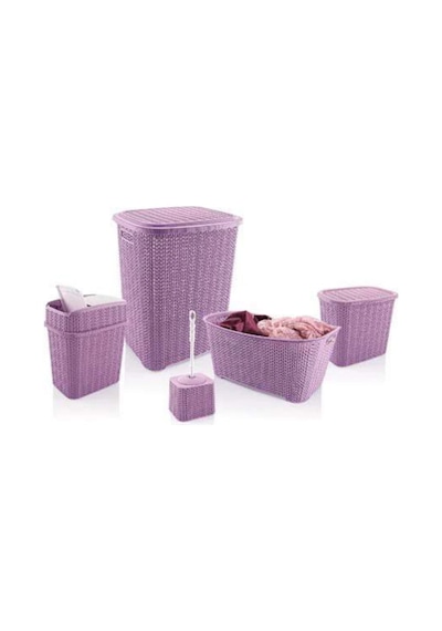 5 Parça Örgü Desenli Plastik Banyo Seti Çamaşır Sepeti Deterjanlık Çöp Kovası Klozet Fırçası - Mor Sarı