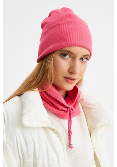 Butikgiz Kadın Balıkçı Style Pamuklu Kaşkorse Terletmez Ultra Hafif Yumuşak Bere Boyunluk Takım Pembe