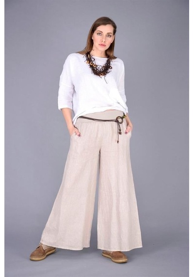 Eren Style İtalyan Korsajlı Tokalı Kemerli Bol Paçalı Keten Pantolon-9887 Krem