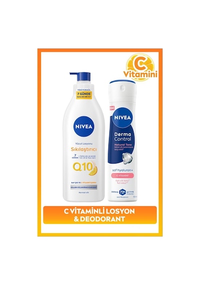 NIVEA Q10 Sıkılaştırıcı Losyon 400 ML + Derma Control Natural Tone Kadın Sprey Deodorant 150 ML