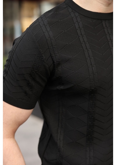 Siyah Bisiklet Yaka Slim Fit Triko Erkek Tişört E7466