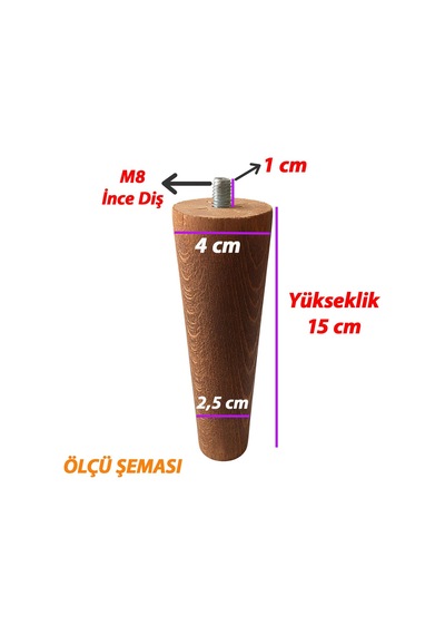 Ahşap Ayak 15 Cm 2'li Set Koyu Meşe M8 Civatalı Bağlantı Aparatlı Dolap Mobilya Koltuk Kanepe Destek Ayağı Ayakları Koyu Meşe