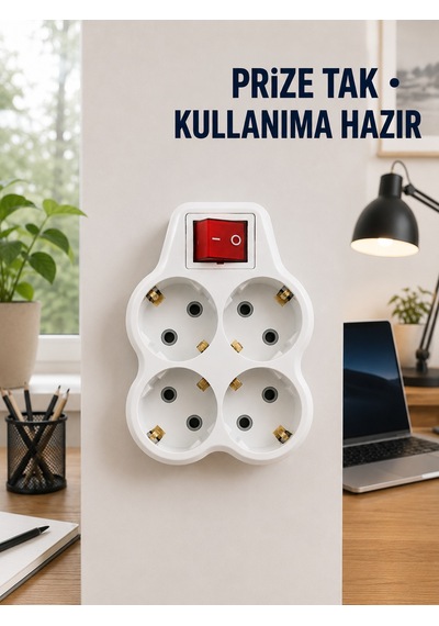 Anahtarlı 4 Lü Priz Adaptörü Direkt Prize Takılan Kompakt Priz Çoklayıcı 0