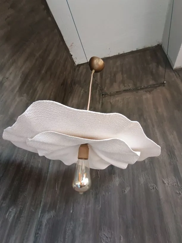 Kumaş Avize - Pirinç Aksesuarlı - El Yapımı Zara Home Tarzı Tasarım - Rustik Aydınlatma Beyaz