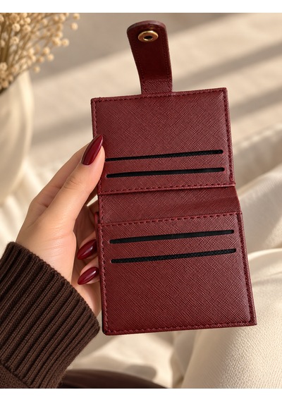 Elpida Bags Kadın Siyah Deri Görünümlü Çok Bölmeli Çıtçıtlı Kartlık & Cüzdan Bordo