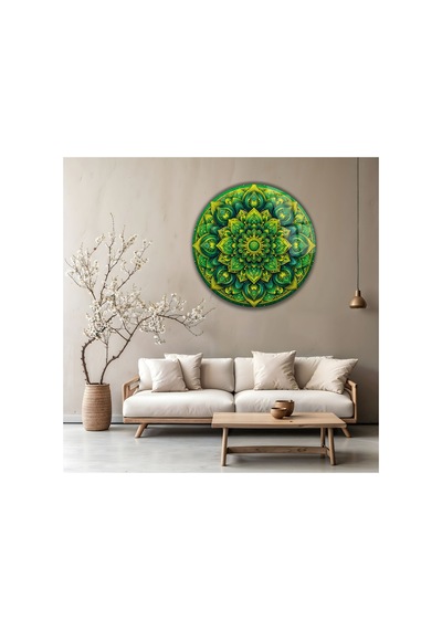 Bohem Yeşil Modern Mandala Tasarım Desenli Yuvarlak Dekoratif Cam Tablo Bohem Temalı Dekoratif Duvar Tablosu, Salon, Yatak Odası Ve Çalışma Alanı Dekoru, 80x80 Cm