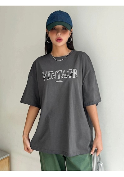 Flood Of Style Kadın Antrasit Vintage Baskılı Oversize Bisiklet Yaka Tshirt Gri