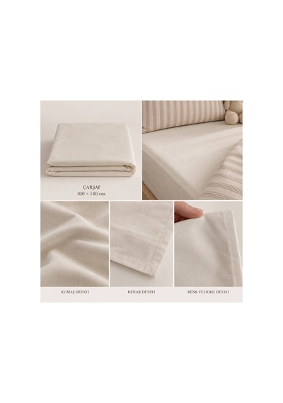 H&c 4 Parça Bebek Nevresim Takımı Krem Kahve Çizgili 100x150 CM Nevresim Çarşaf 2 Yastık Kılıfı