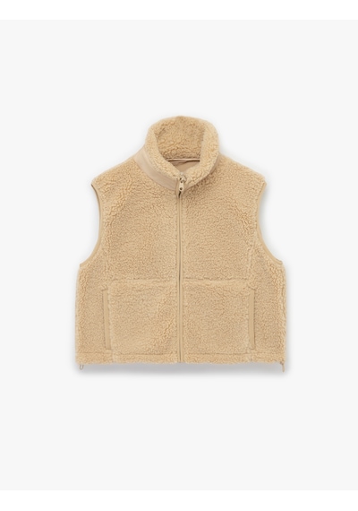 Koton Dik Yaka Kolsuz Cepli Fermuarlı Peluş Crop Yelek Taş 6wak20052ew Taş