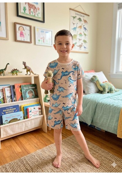 Aliş Kids Erkek Çocuk Pamuklu Bej Rengi Dinozor Desenli Kısa Kollu Şortlu Yazlık Pijama Takımı Bej Mavi Aliş Kids Erkek Çocuk Pamuklu Bej Rengi Dinozor Desenli Kısa Kollu Şortlu Yazlık Pijama Takımı Bej Mavi