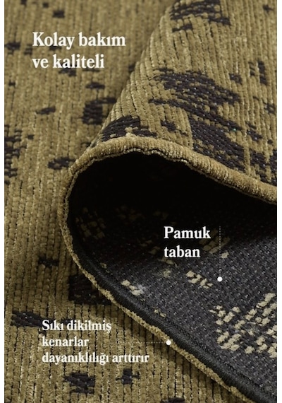Bohem Tarz Geometrik Desenli Pamuk Taban Yeşil Renk Şönil Kilim