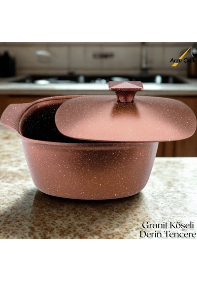 Katre 20 Cm Granit Köşeli Derin Tencere Alüminyum Kapak - Koyu Bakır