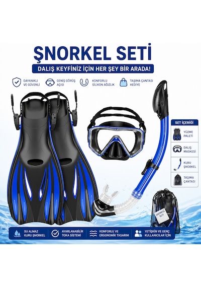 Hpytech Ayarlanabilir Şnorkel Seti Dalış Maskesi Palet Ve Kuru Şnorkel Takımı Yetişkin Deniz Havuz Seti S-m / L-xl Mavi-Siyah