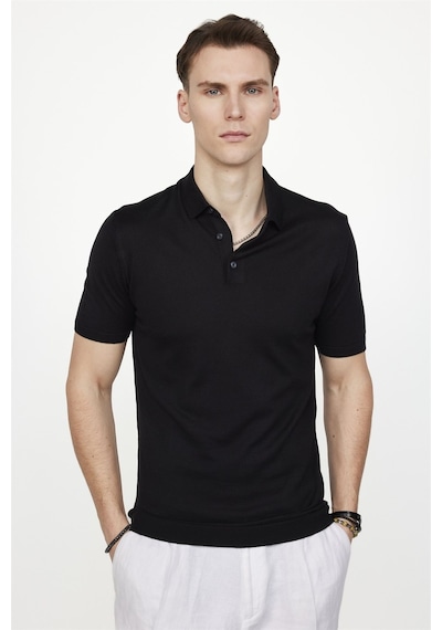 Tudors Erkek Slim Fit Dar Kesim Pamuklu Örme Triko Siyah Polo Yaka Tişört-27267-Siyah