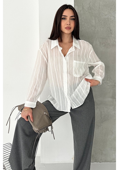 Sim Detaylı Kırışık Görünüm Oversize Gömlek Breeze Beyaz