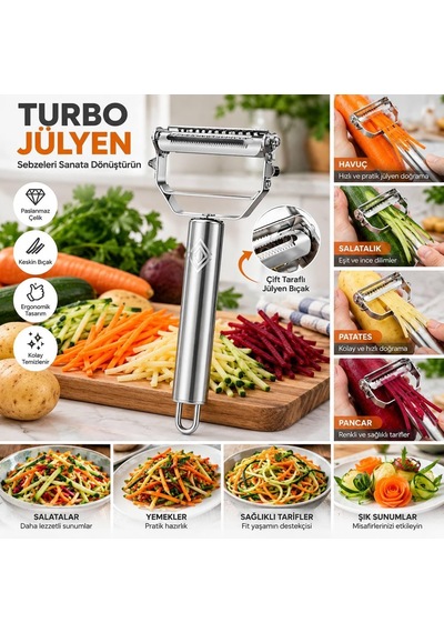 Paslanmaz Çelik Soyacak - Turbo Jülyen Doğrayıcı - Çok Fonksiyonlu Mutfak Aleti - Sebze Ve Meyve Soyucu
