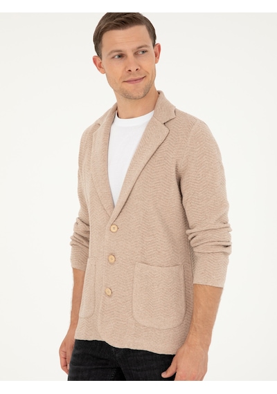 Cacharel Kahverengi Slim Fit Düğmeli Ceket Yaka Triko Hırka Taba