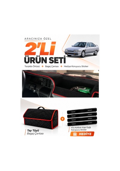Renault 21 Concorde 1990-1996 Uyumlu Torpido Örtüsü + Tay Tüyü Bagaj Çantası Seti - Siyah Kırmızı