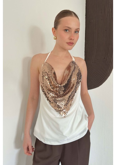 Verymoda Pullu Askılı Bluz D3079 Krem Bakır
