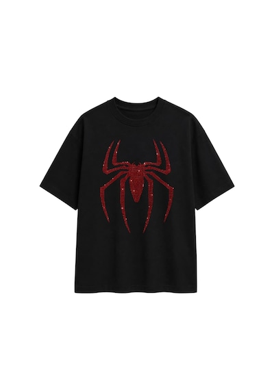 Zaee Spider Taşlı Oversize Tişört Siyah